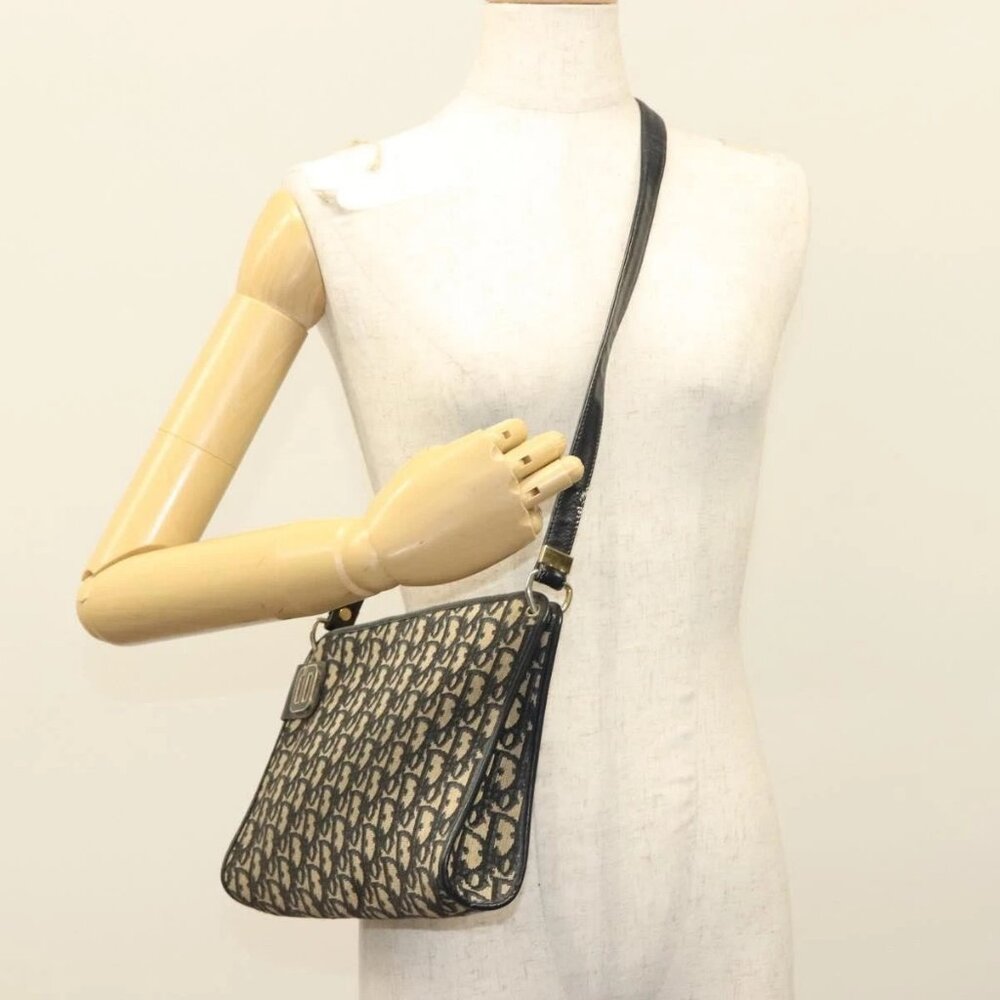 Christian Dior Trotter Canvas Shoulder Bag Navy Gold Auth 132631
